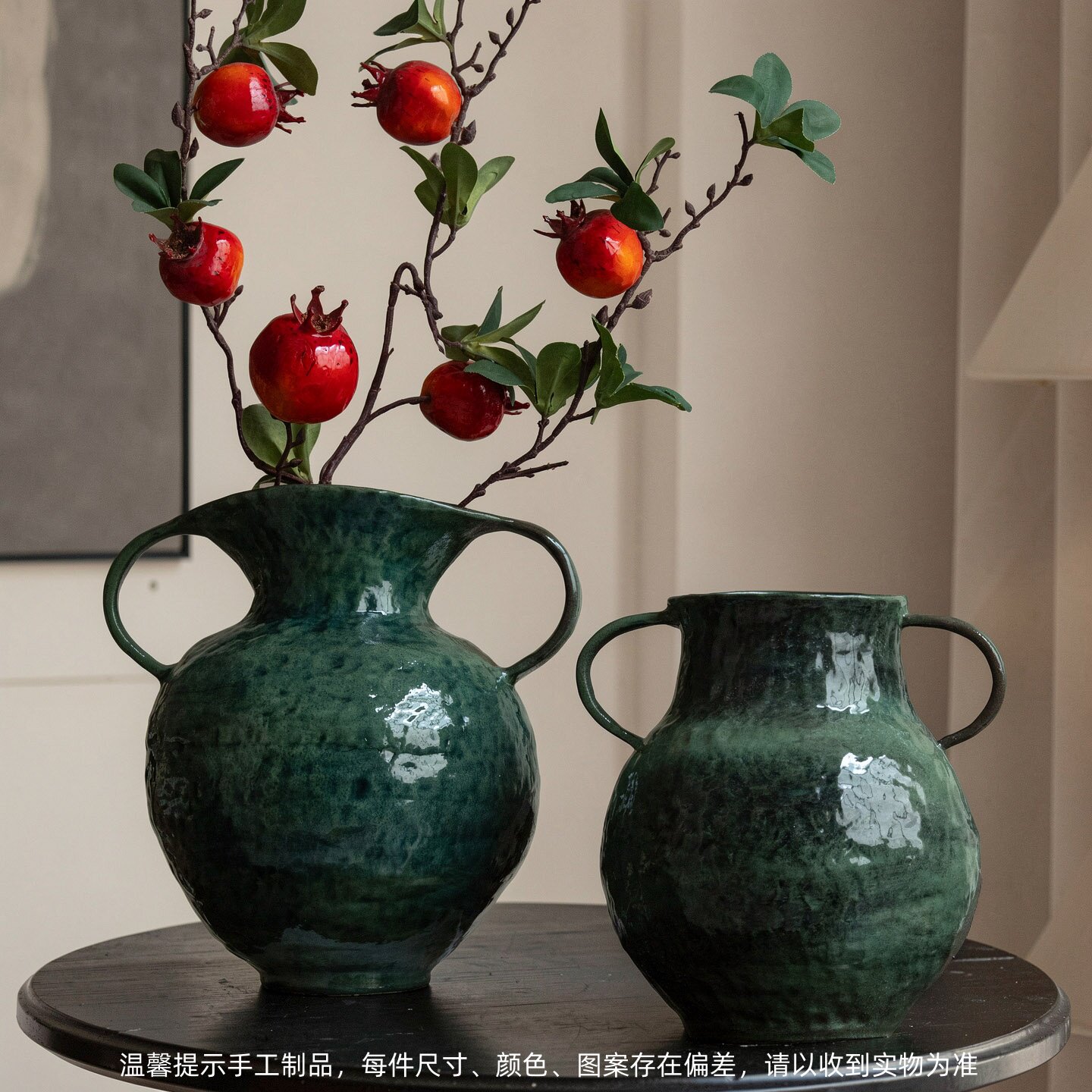 景德镇复古墨绿双耳陶瓷花瓶