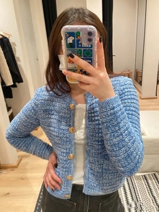 纯元 圆领长袖 法式 小香风开衫 单排扣毛衣女 复古蓝色夹花针织衫 新品