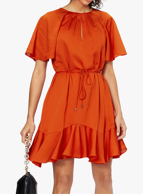 元D英伦22年春夏新款女装纯色圆领荷叶袖焦橙色连衣裙宽松A型短裙