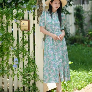 LK英伦新款奔马印花优雅湖绿色翻领腰带短袖连衣裙衬衫裙长裙女