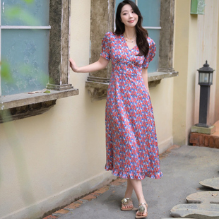 LK夏新款法式复古优雅V领收腰气质定制重磅真丝印花连衣裙长裙女