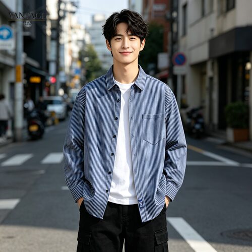 美式条纹长袖衬衫男宽松翻领