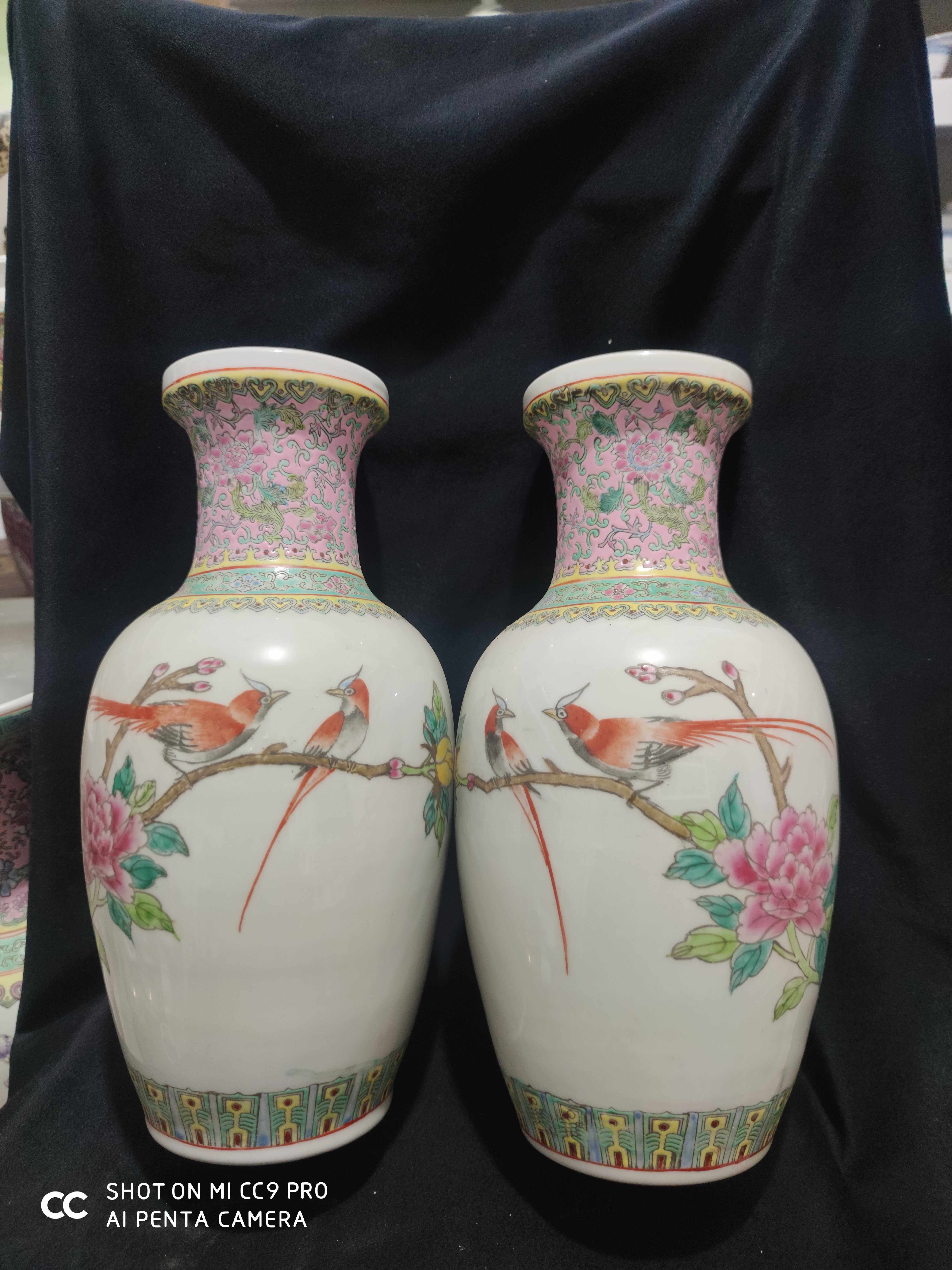 景德镇陶瓷老厂货纯手工绘制花鸟花篮瓶子居家装饰摆件
