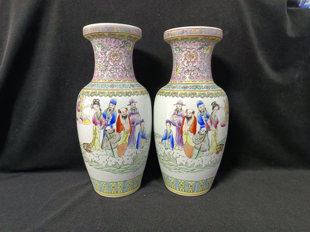 景德镇陶瓷老厂货手工绘制粉彩八仙过海美女图花瓶装饰摆件收藏珍