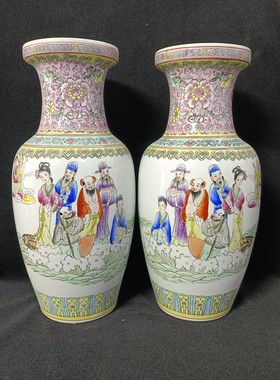 景德镇陶瓷老厂货手工绘制粉彩八仙过海美女图花瓶装饰摆件收藏珍