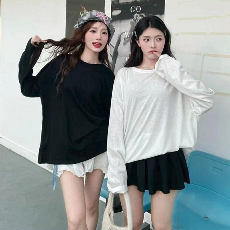 韩版宽松纯棉白色防晒长袖T恤女图片