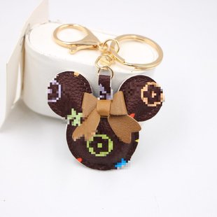 复古pu皮革老鼠造型车钥匙扣 可爱蝴蝶结老鼠书包手机挂件定 制