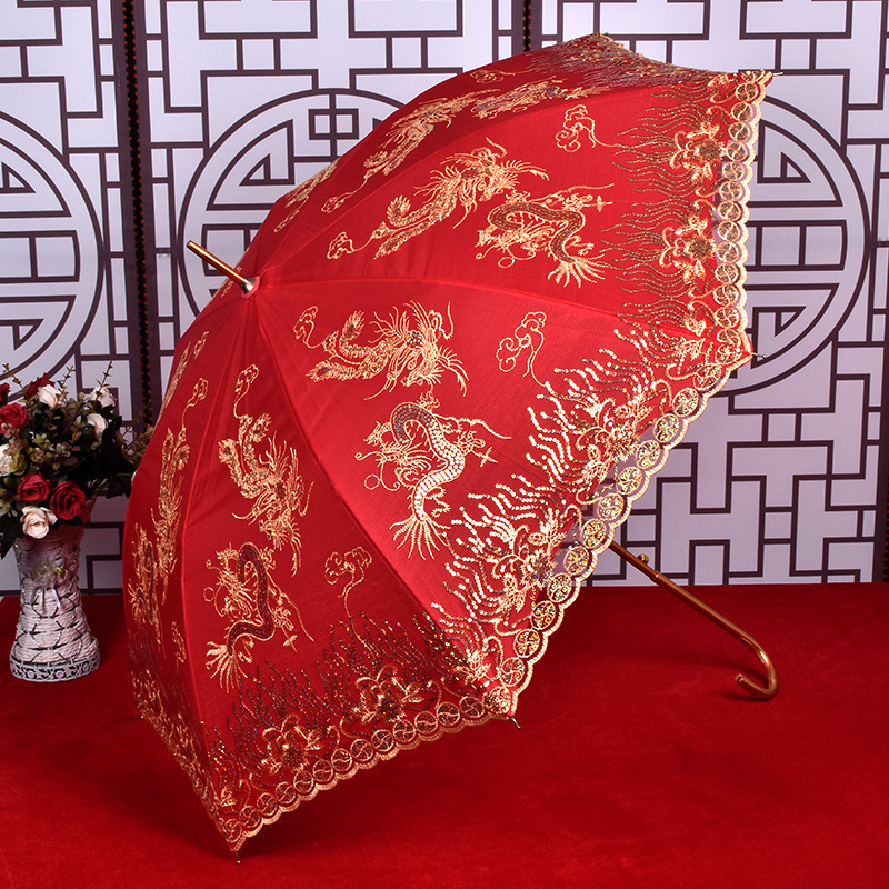 结婚红色雨伞直杆半自动婚庆伞喜庆中式复古遮阳新娘伞龙凤呈祥