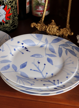 【釉下彩A级】淡雅蓝色水彩青花盘中式米饭碗实用菜盘西餐盘杯碟