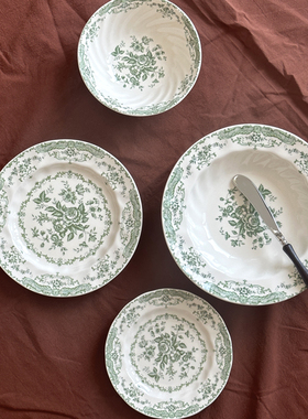 英国绿色花朵螺旋纹釉下彩陶瓷西餐具盘子碗碟套装汤盘家用菜盘杯