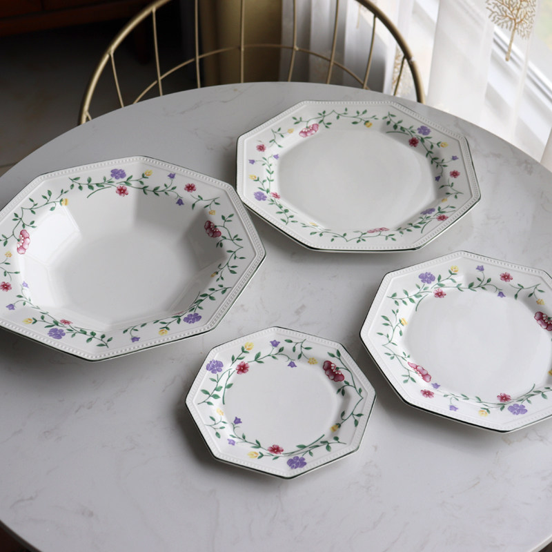 外贸出口英国复古花草环陶瓷盘异形八角盘中餐汤盘西式牛排点心碟