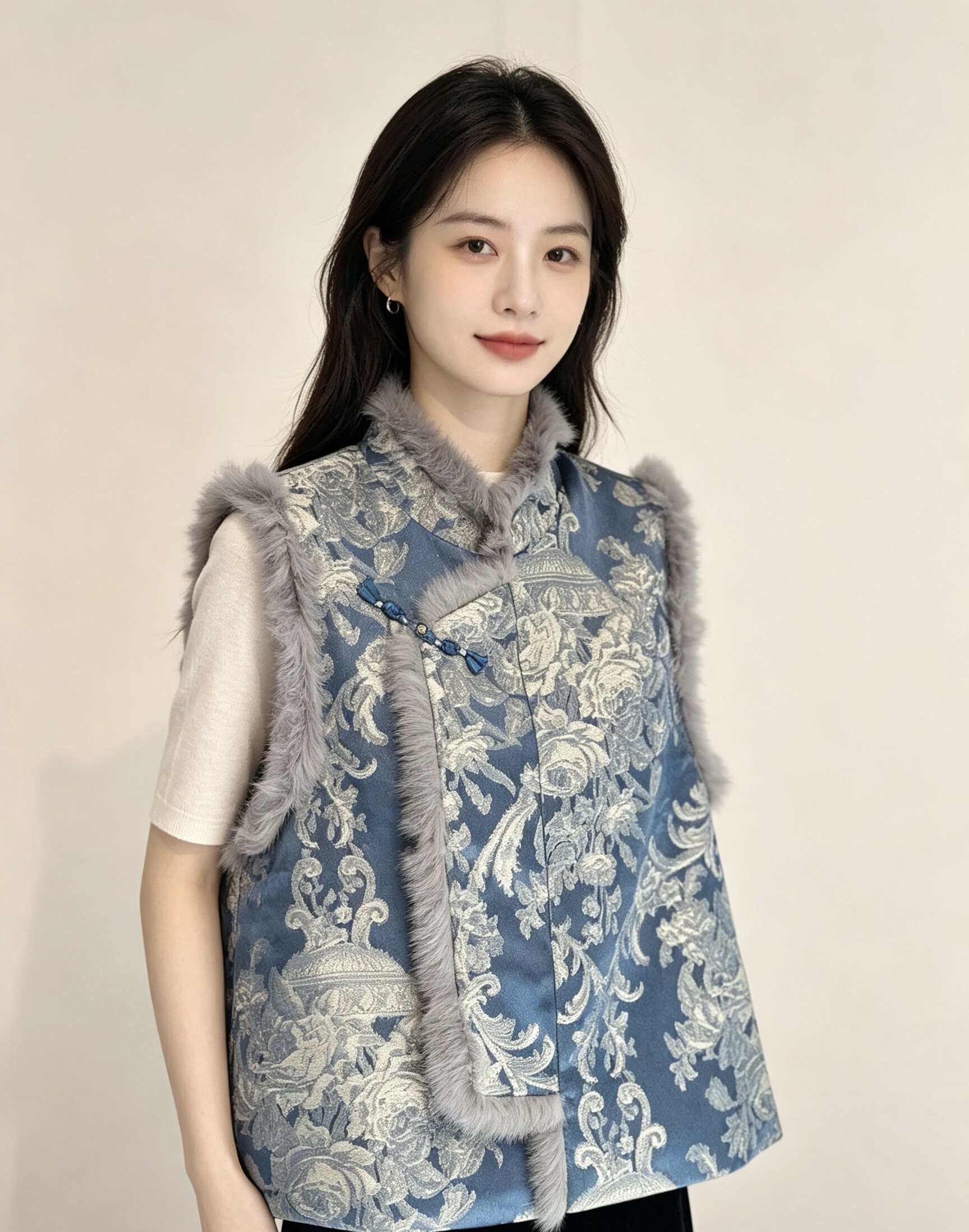 蓝色减龄洋气新中式真毛兔毛马甲上衣
