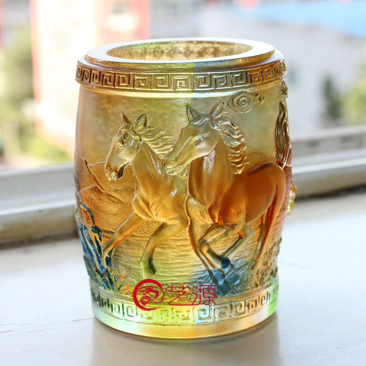 艺源琉璃万马奔腾笔筒八骏图马年创意礼品商务办公实用摆件定制