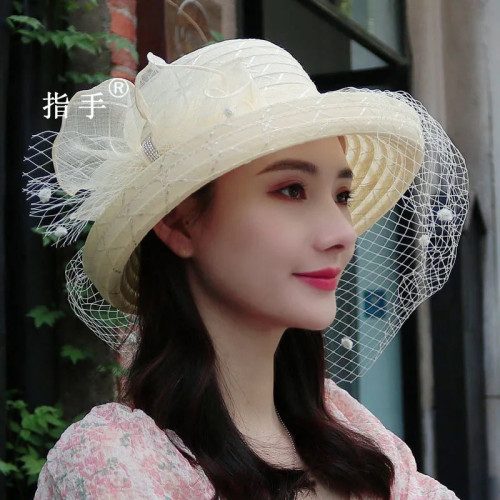 新款春夏季遮阳网纱帽时尚百搭户外透气遮脸花朵帽子女士复古礼帽