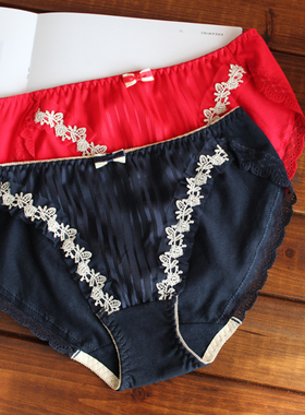 本命年大红色纯棉女士内裤性感雪纺条纹水溶花网纱低腰包臀三角裤