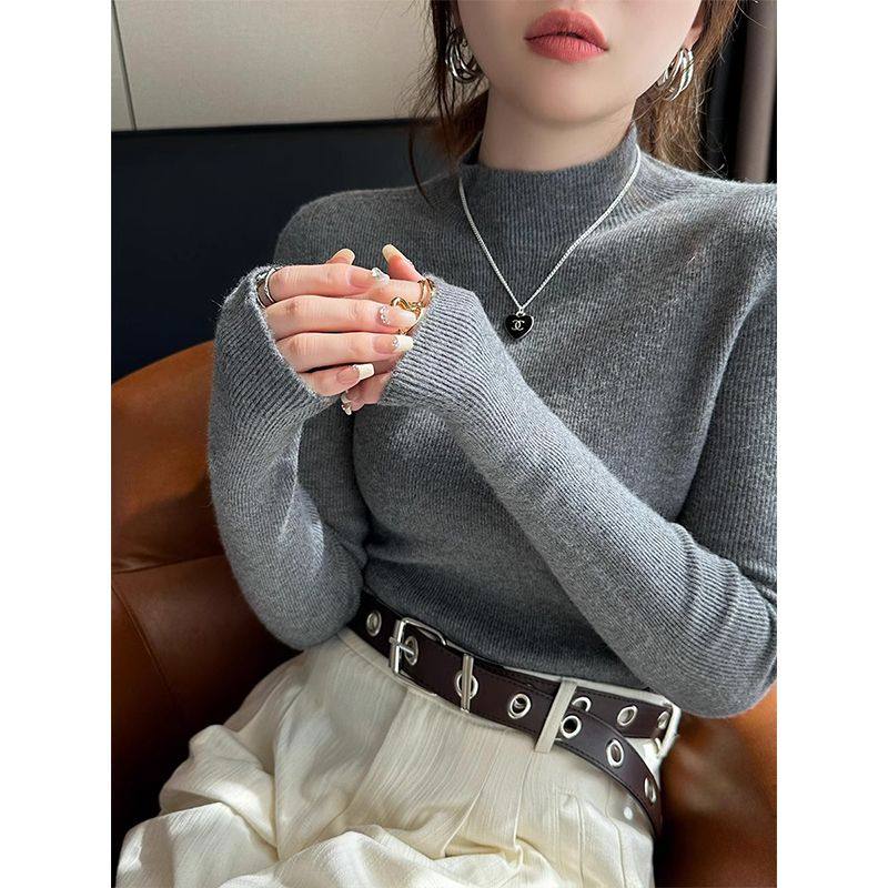 半高领打底衫女春秋2025新款内搭中领修身灰色高级感毛衣针织上衣