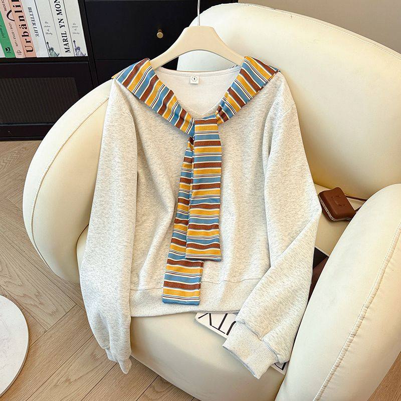 2025韩系早秋灰色v领无帽套头卫衣女秋宽松披肩假两件长袖上衣女