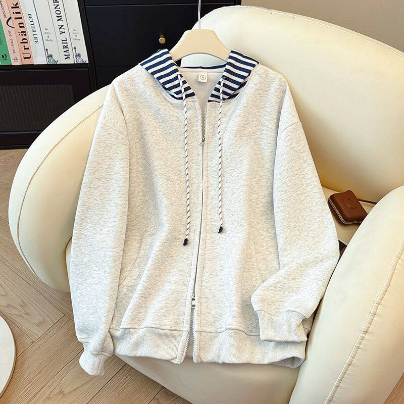 韩系慵懒风拼接条纹连帽拉链卫衣女春秋高级感宽松百搭开衫外套潮