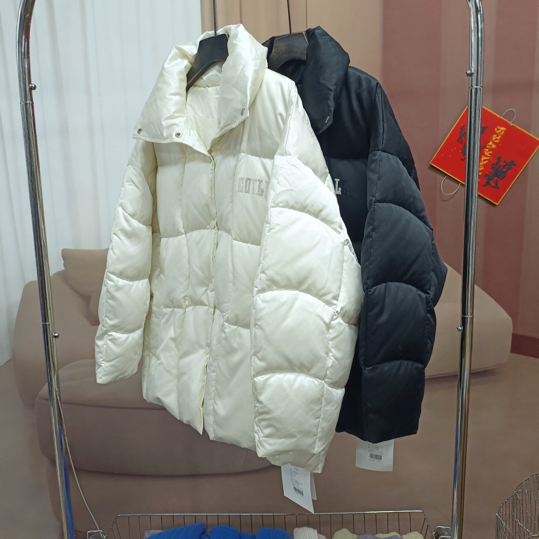 韩版慵懒风中长款真丝鹅绒服女无帽立领经典黑加厚保暖羽绒服外套