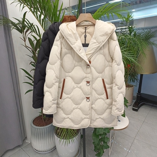 新国标90白鹅绒休闲连帽羽绒服女中长款拼色真皮复古时尚保暖外套