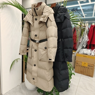 可拆卸连帽90白鸭绒加厚蓬松羽绒服卡其色腰带显瘦大口袋保暖外套
