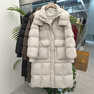 小暖247g高充绒连帽长款 加厚保暖外套 外穿羽绒服女可抽绳收腰冬季