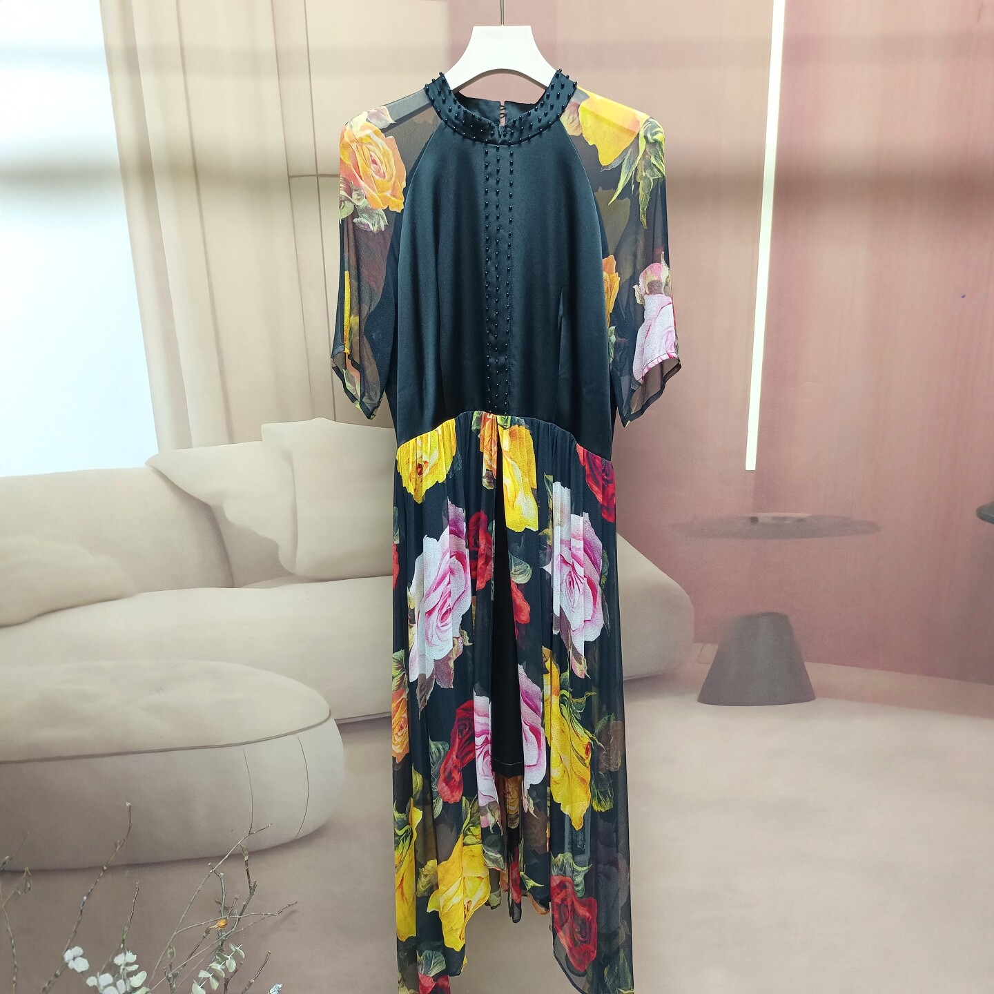 欧美时尚名媛气质真丝连衣裙女夏花卉燕尾裙修身桑蚕丝A字长裙子