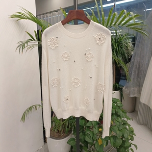 时髦重工钉珠立体花朵纯山羊绒女装毛衣温柔氛围感内搭针织衫秋冬