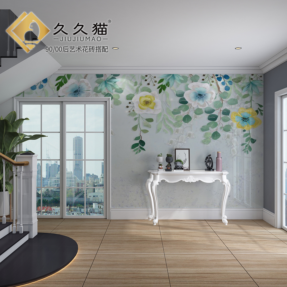 北欧风清新绿色植物客厅楼梯玄关瓷砖背景墙装饰壁画高温微晶岩板图片