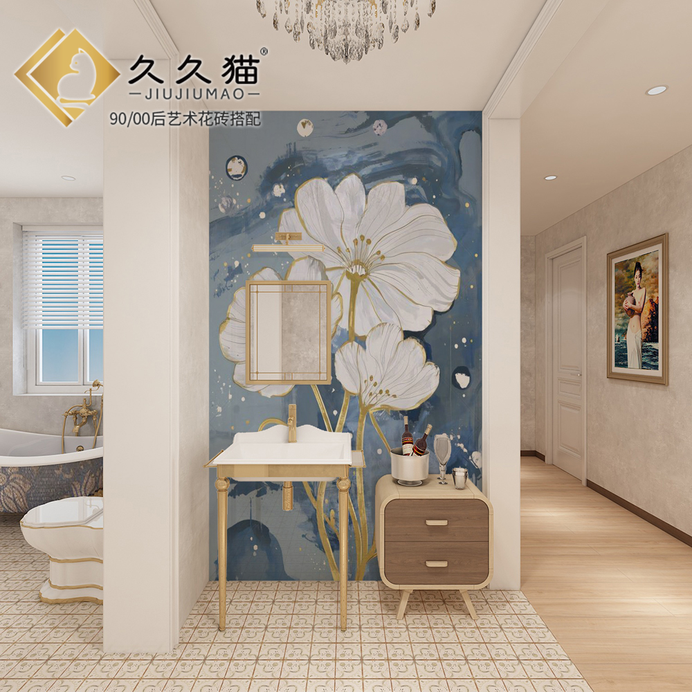 手绘油画浴室卫生间定制艺术花砖洗手台背景墙装饰瓷砖画广东瓷砖图片