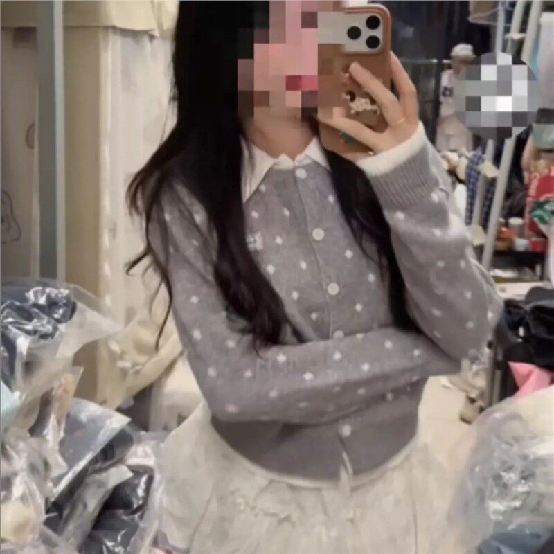 灰色波点假两件POLO领针织开衫女秋冬新款长袖宽松毛衣外套上衣潮