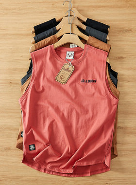 满分推荐 HK单 夏季男装日系纯棉刺绣圆领运动休闲无袖背心30947