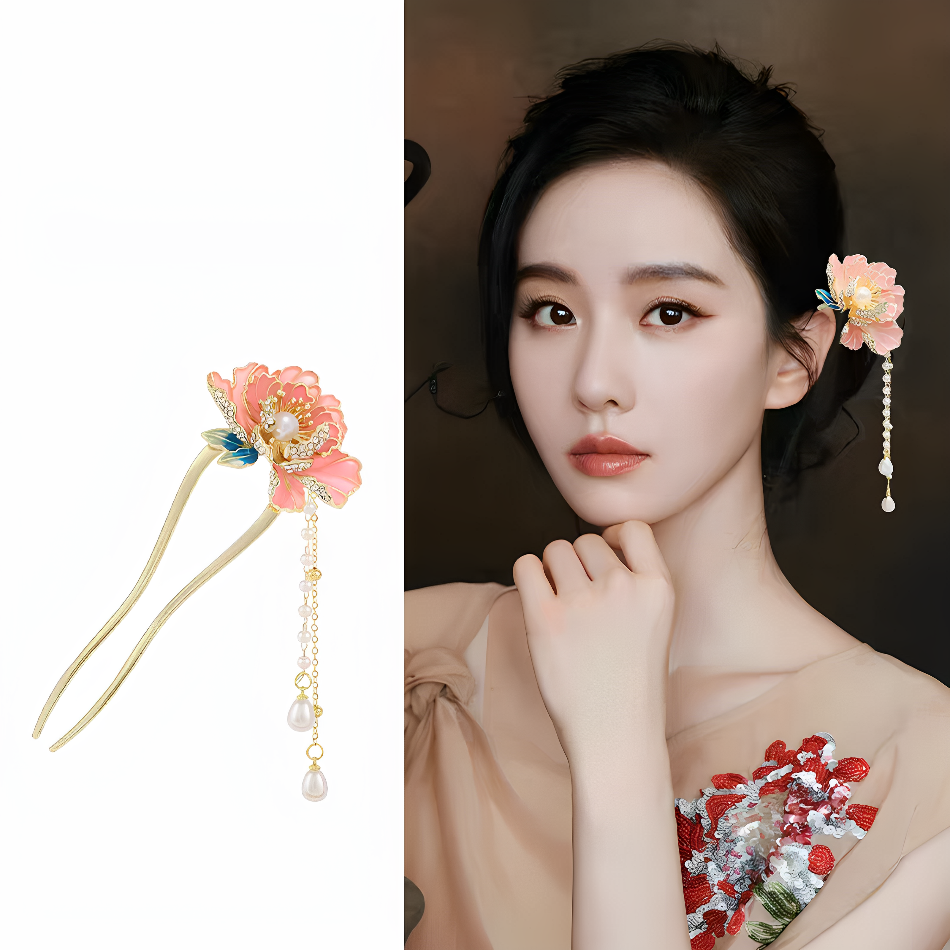 U型新中式古风优雅珍珠流苏牡丹花发簪气质后脑勺盘头发钗女发饰