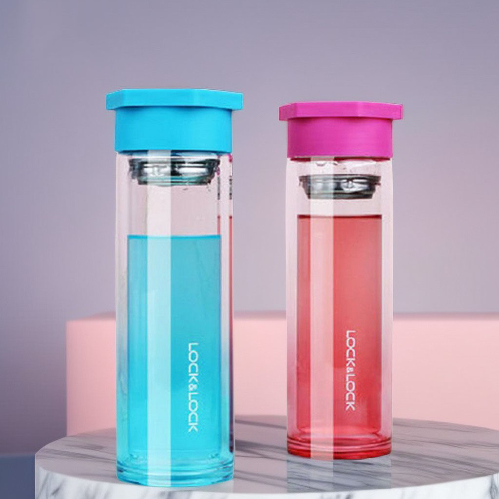 乐扣乐扣水杯上班族便携双层耐热玻璃杯女学生水瓶圆形彩色随手杯