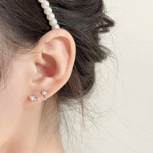 洗睡免摘养耳洞纯银海豚小耳钉