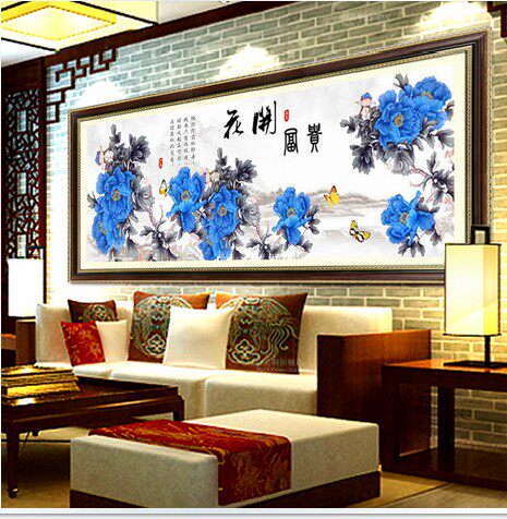 精准印花丝线十字绣花开蓝色富贵