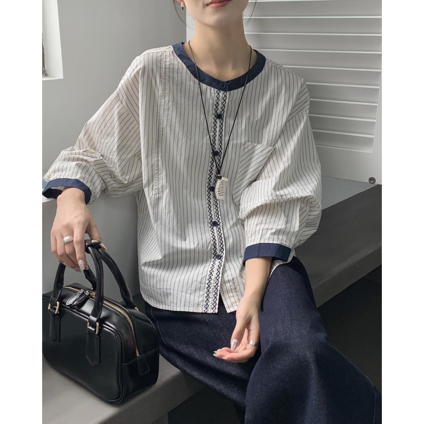 微胖80-300斤设计感明线装饰条纹长袖衬衫女百搭宽松休闲显瘦上衣