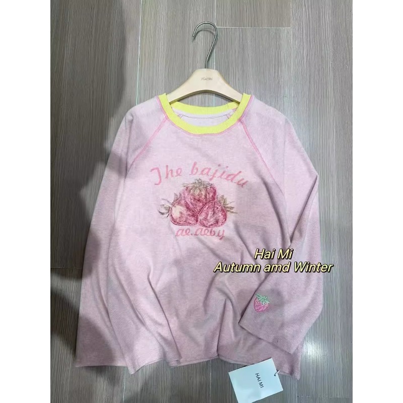 法式学院风德绒磨毛圆领打底衫上衣女胖mm韩系减龄刺绣印花T恤衫