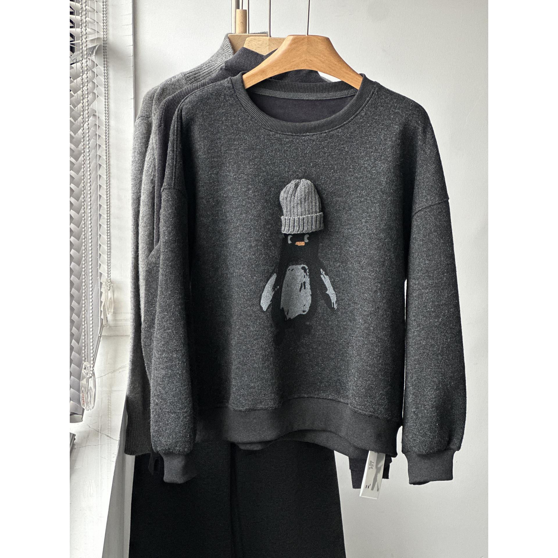 欧韩女装大码时尚设计感立体印花圆领加绒卫衣潮冬季新款减龄休闲