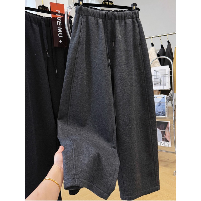 韩系松紧腰弯刀裤女秋冬加绒加厚卫裤宽松直筒裤洋气高级感长裤子