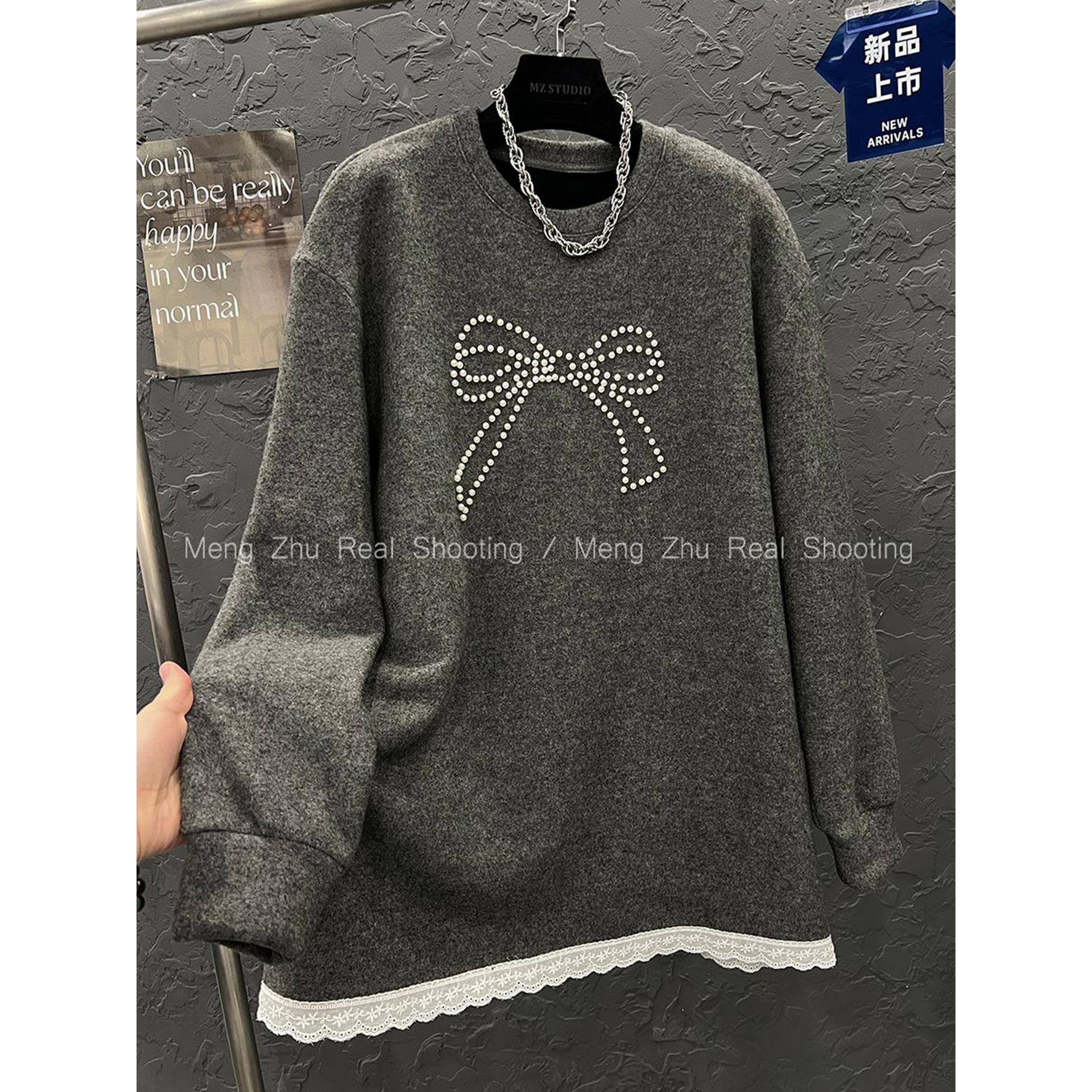 胖妹妹300斤大码设计感拼接花边蝴蝶结长袖T恤女百搭宽松休闲上衣