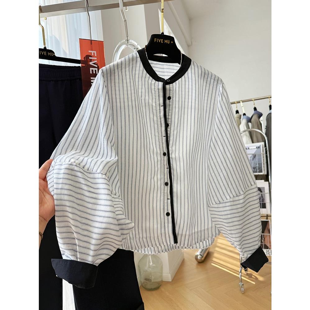 潮流设计感秋季百搭宽松300斤大码长袖衬衫休闲显瘦圆领条纹上衣