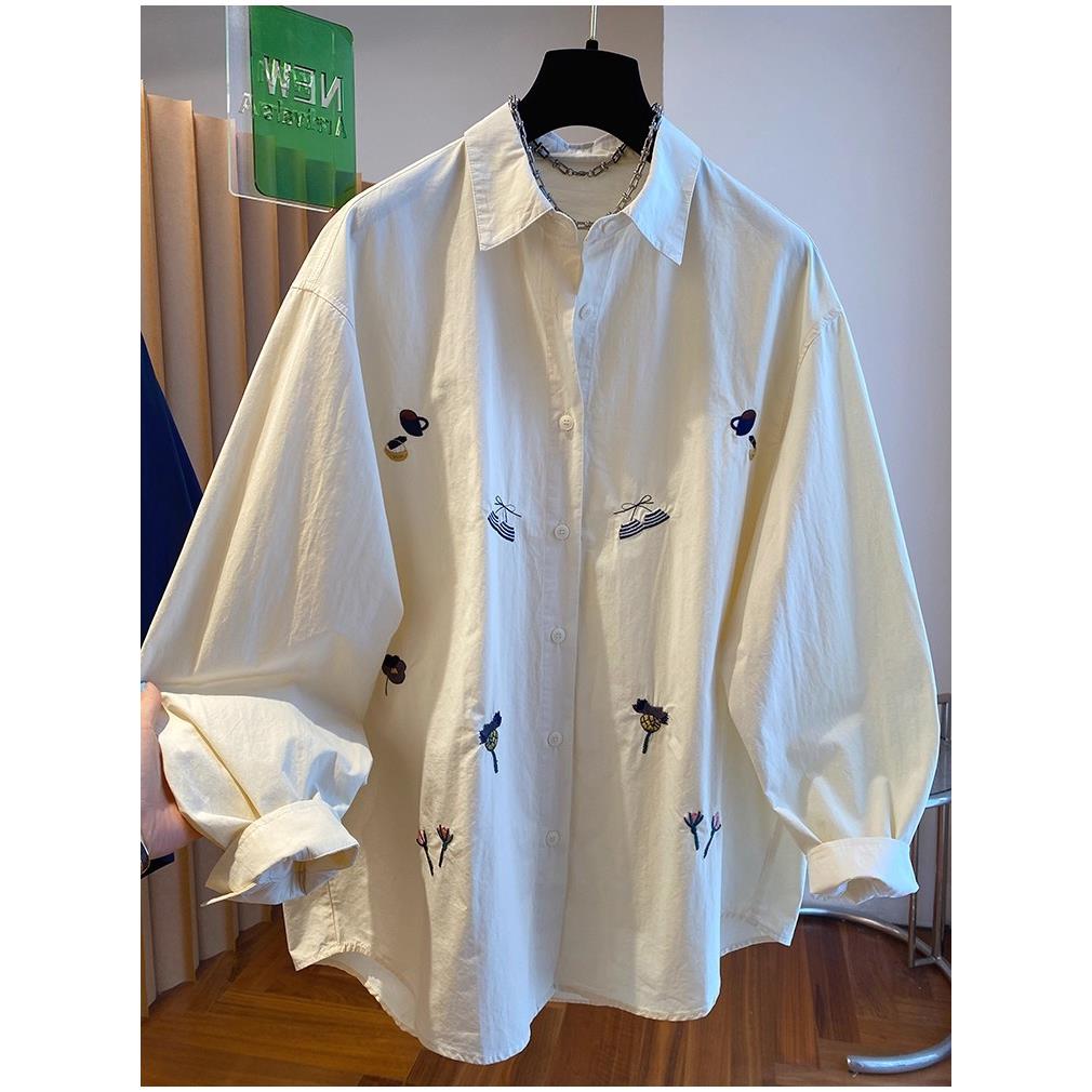 潮流设计感别致刺绣宽松300斤大码休闲显瘦POLO领长袖衬衫上衣女