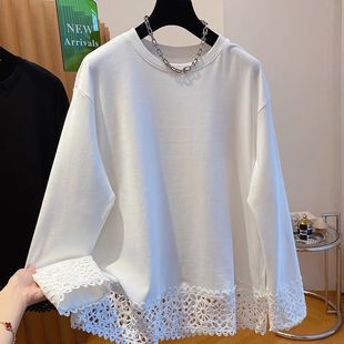 韩系2025秋冬新款加厚蕾丝花边拼接宽松长袖T恤女显瘦百搭打底衫