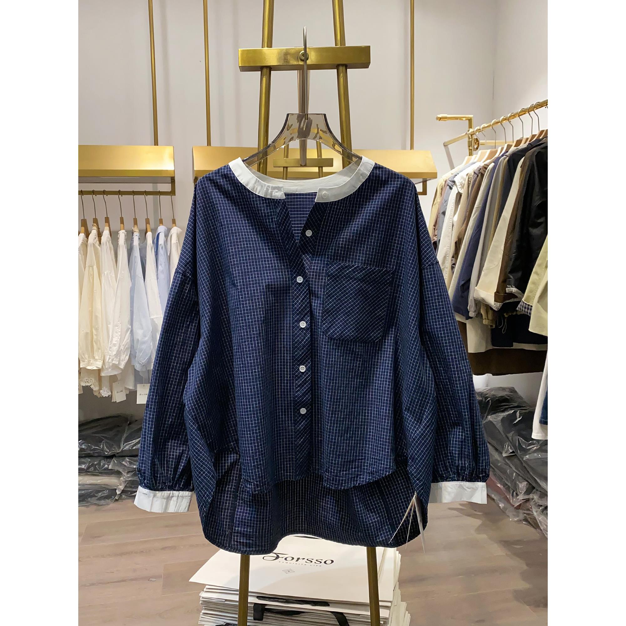 2025秋季新款设计感撞色领格子长袖衬衫女简约百搭宽松大码上衣