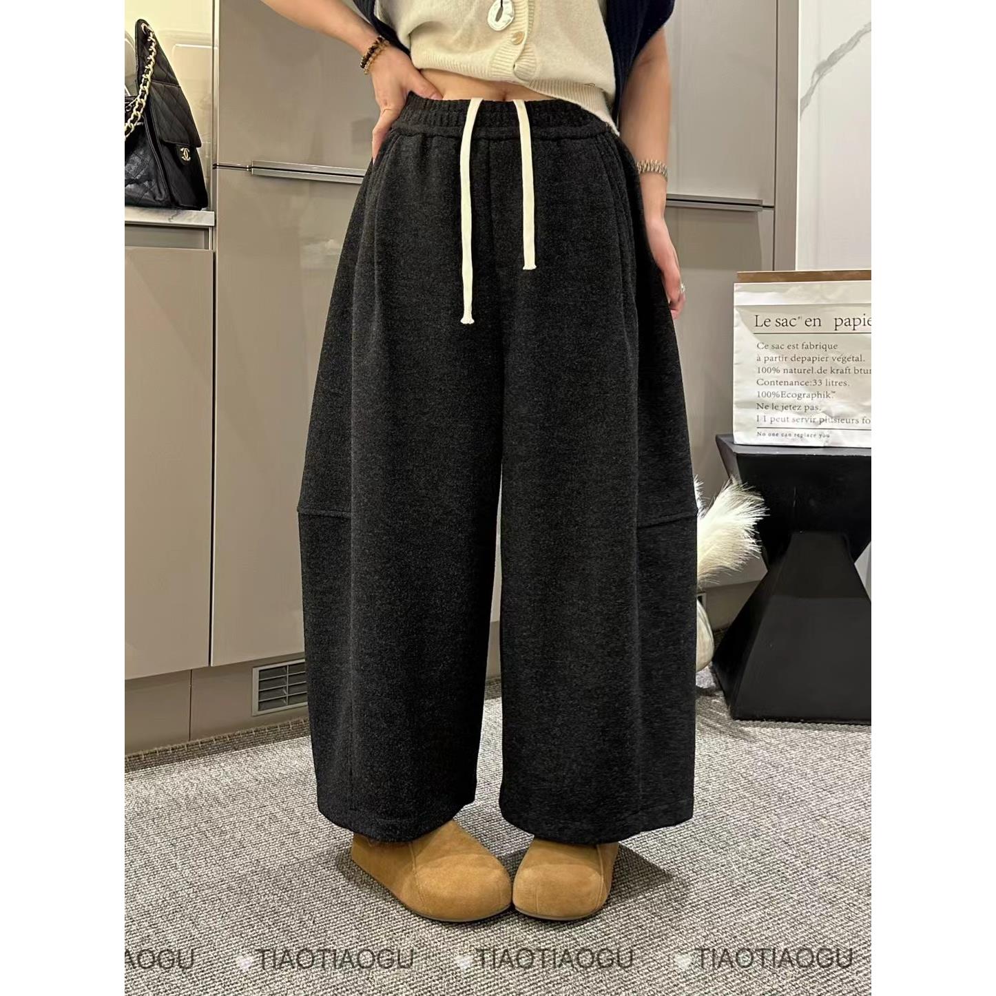 大码300斤冬装款抽绳高腰羊绒裤女宽松百搭加厚阔腿休闲裤子潮