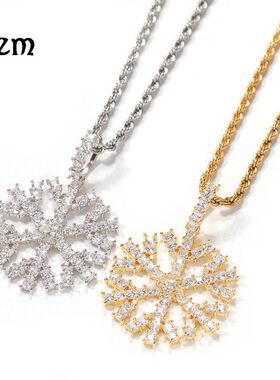 欧美新款圣诞雪花吊坠铜镶锆石饰品项链嘻哈潮流百搭一件代发批发