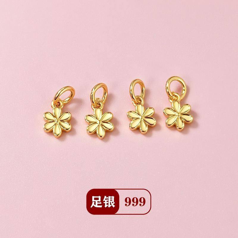 S999足银小花朵吊坠金色古风挂件diy水晶手链项链串珠编绳配件