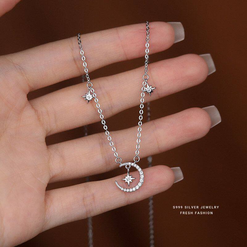 s999纯银星月项链女轻奢百搭小众设计高级感足银锁骨链时尚简约