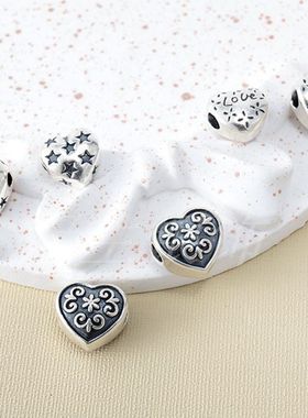 足银隔珠 3D硬银爱心五角星S999银饰串件手工DIY手链串珠散珠配件